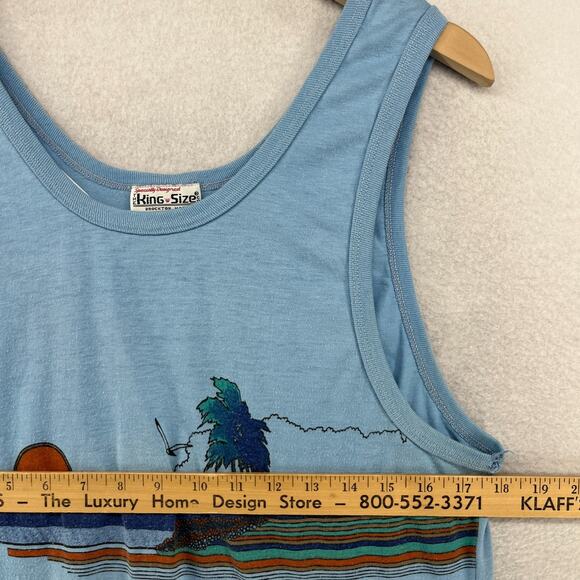 KING SIZE Tank Top Mens XLT Tall Beach Sunset Beachwear Single Stitch Blue VTG - Picture 9 of 11